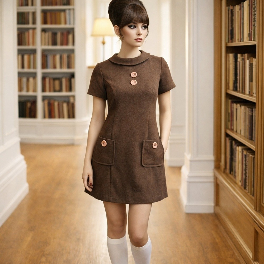Vintage Wrapper USA Size 3/4 Brown Mod Shift Dress Scooter 60s Style Made in USA